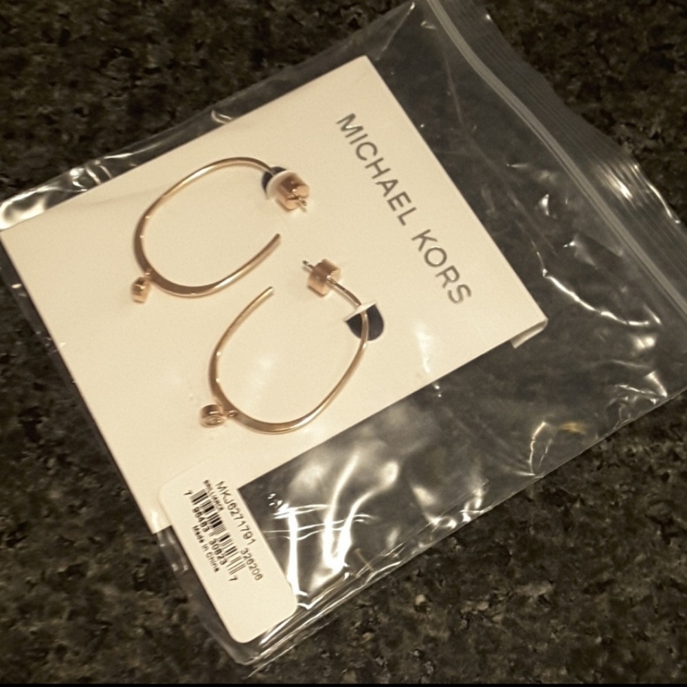 Michael Kors Earrings Stud Open Hoop Drop RoseGold Tone Clear Crystal Accent NWT - Picture 2 of 5